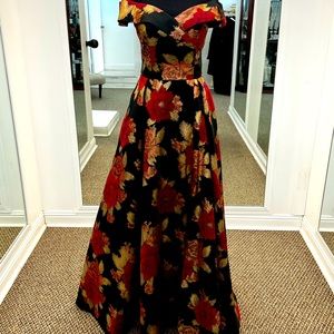 Val Stefani Prom Gown #3458RK featured in Red and Black Jacquard print Size 8